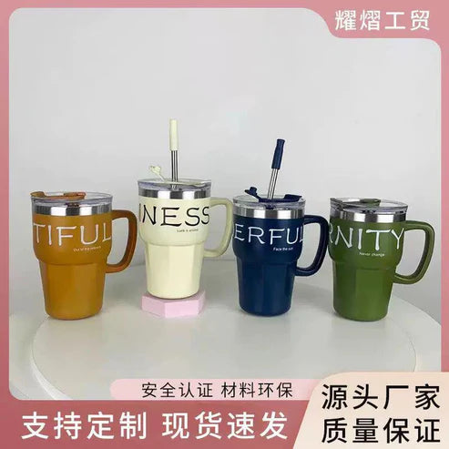 New Korean style coffee cup with steel straw and handle 480ml