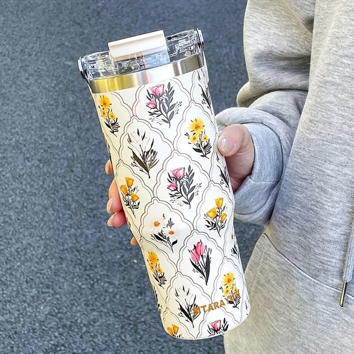 Sitarayuri Floral Stainless Steel 900ml (30oz )Tumbler with Handle & Straw – Leakproof & Travel Friendly