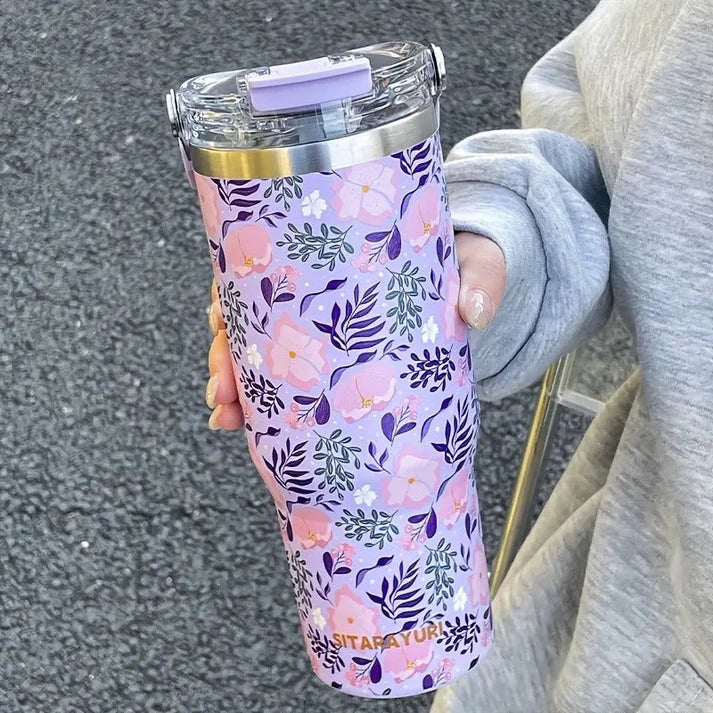Sitarayuri Floral Stainless Steel 900ml (30oz )Tumbler with Handle & Straw – Leakproof & Travel Friendly