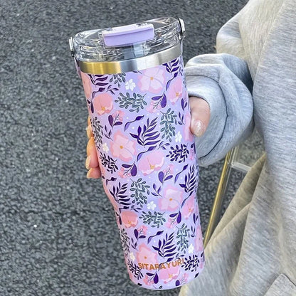 Sitarayuri Floral Stainless Steel 900ml (30oz )Tumbler with Handle & Straw – Leakproof & Travel Friendly