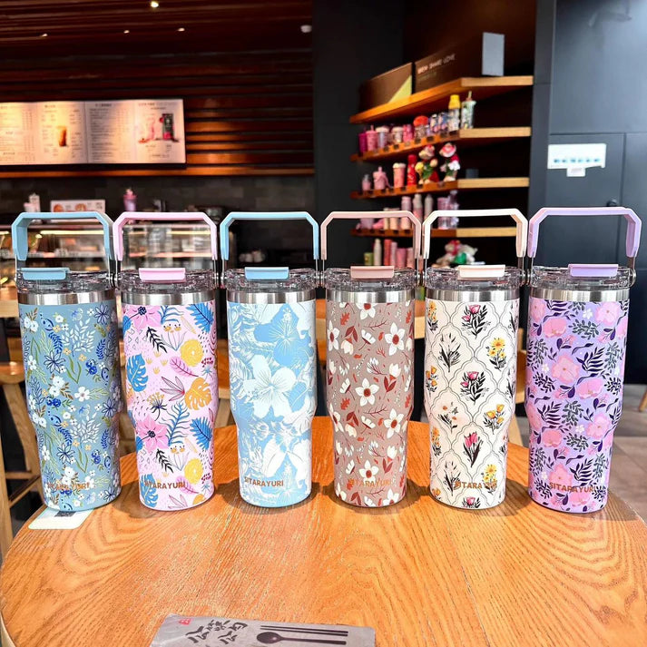 Sitarayuri Floral Stainless Steel 900ml (30oz )Tumbler with Handle & Straw – Leakproof & Travel Friendly
