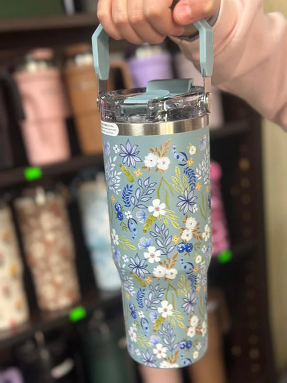 Sitarayuri Floral Stainless Steel 900ml (30oz )Tumbler with Handle & Straw – Leakproof & Travel Friendly