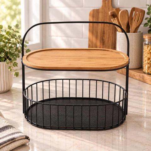 2-tier black metal and wooden tray